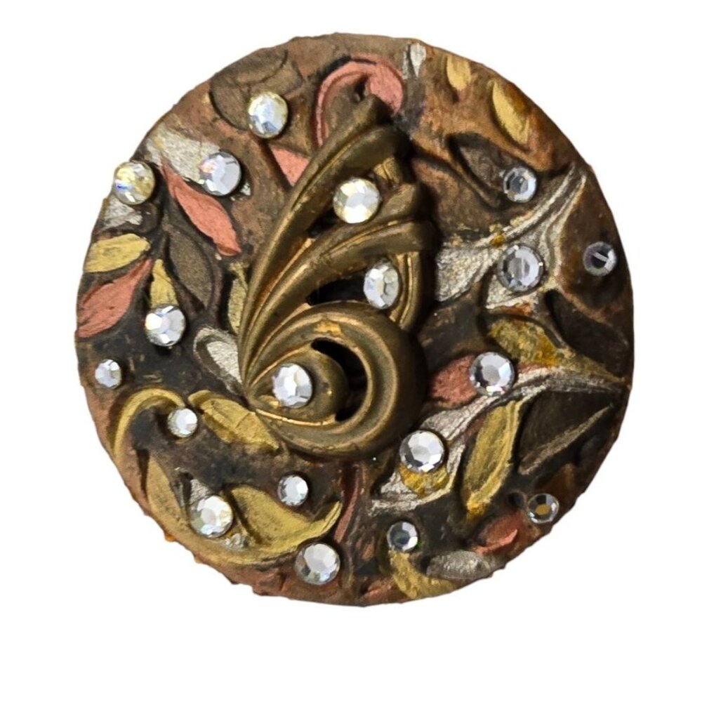 Vintage Signed Painted Wood? 80s Brooch Signed (A8112)